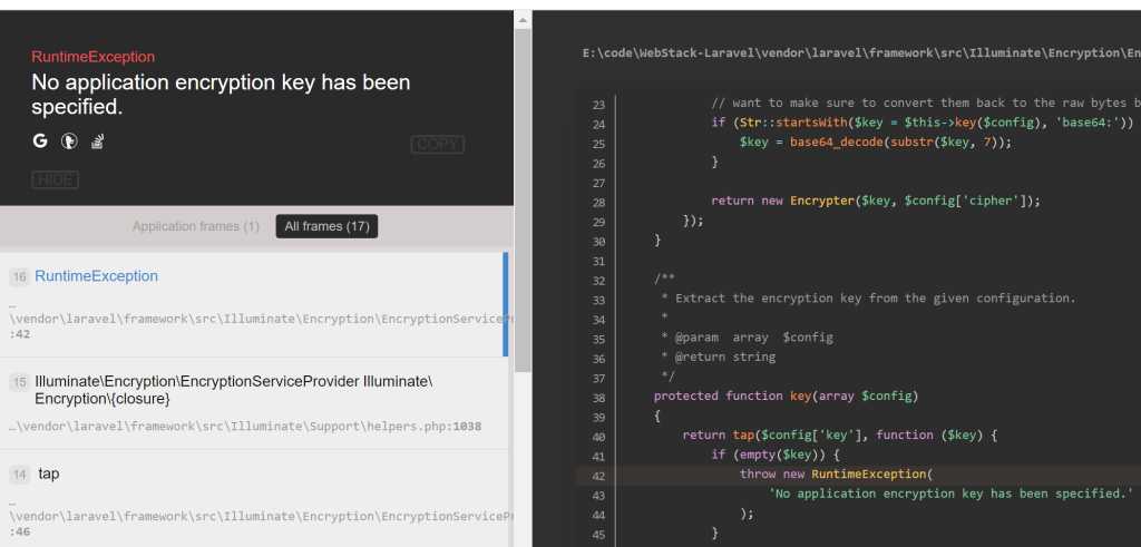 Webstack 迁移问题解决，laravel No application encryption key has been specified