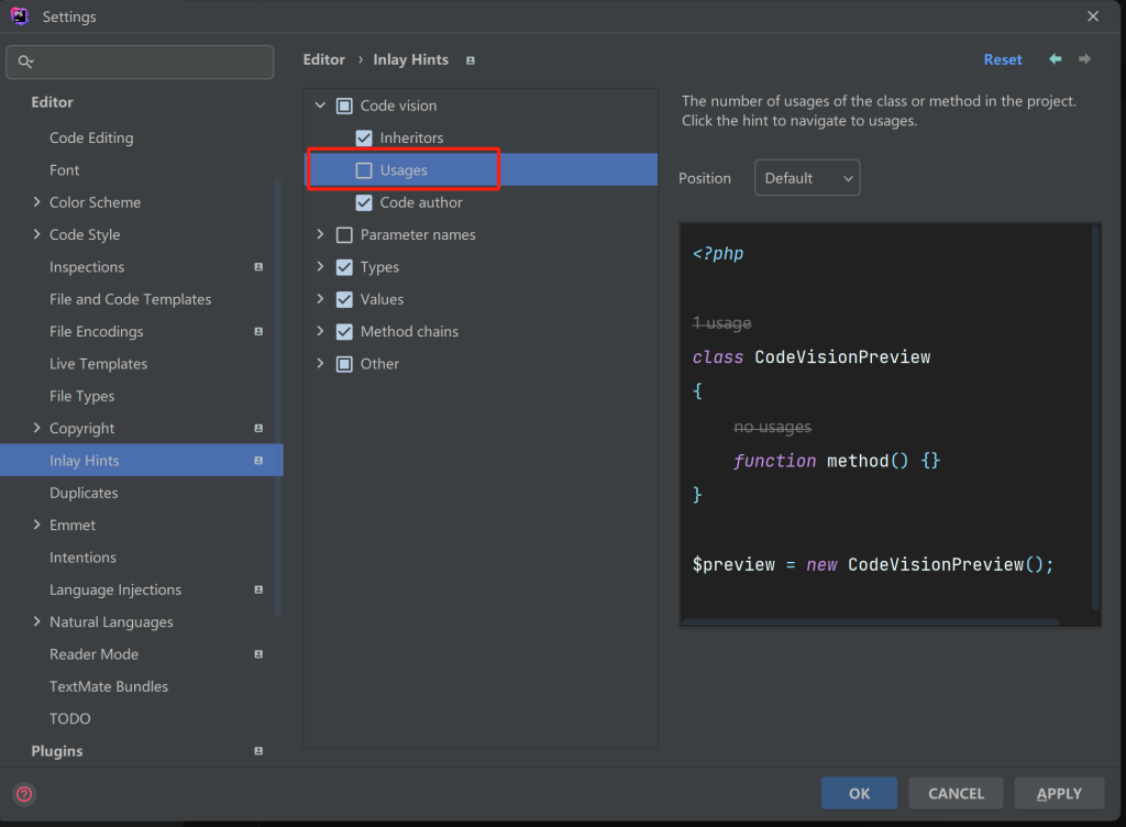 phpstorm2023 去掉 Usages 提示